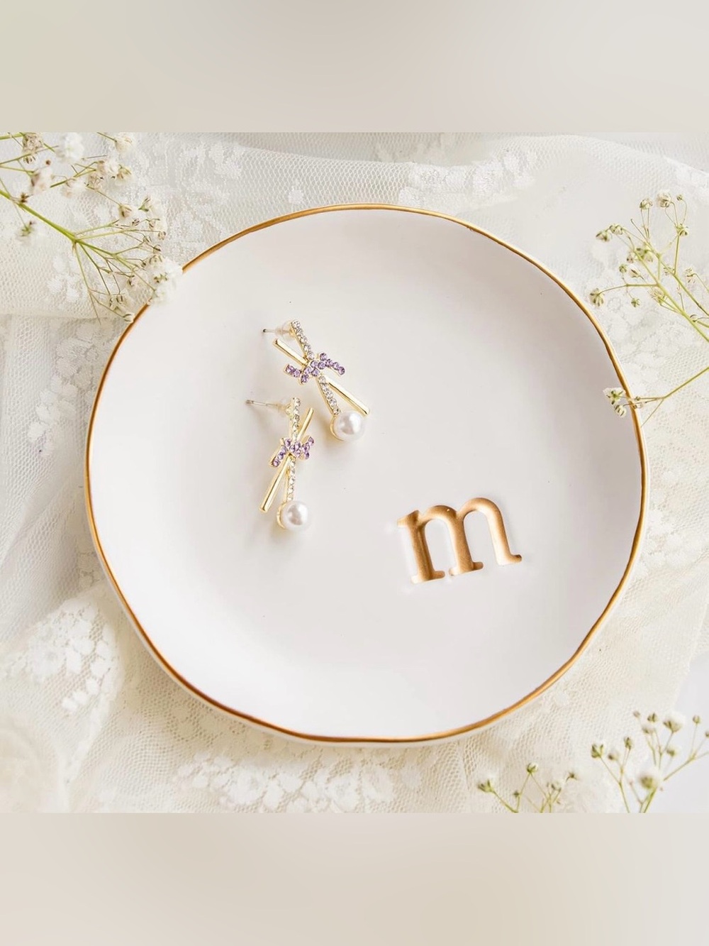 Collective Home Monogram Trinket Dish - Letter M White Gold Rim 4.75in Round